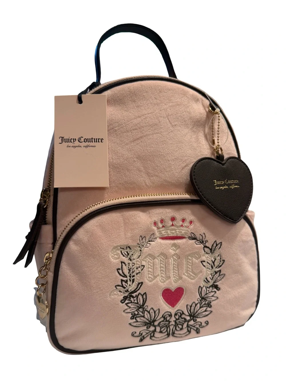Juicy Couture Light Blush Pink Embroidered Heart Logo Velour Backpack. (P236) - Picture 2 of 12